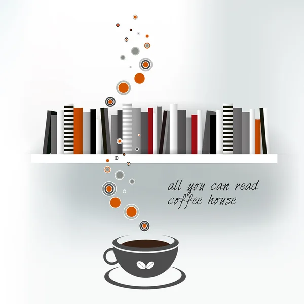 Modello web o di stampa di Coffee house con scaffale per libri. Illustrazione dello sfondo vettoriale . — Vettoriale Stock