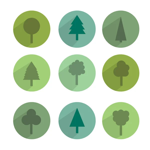 Set of green trees modern circle sign shadows icons. — Stock Vector