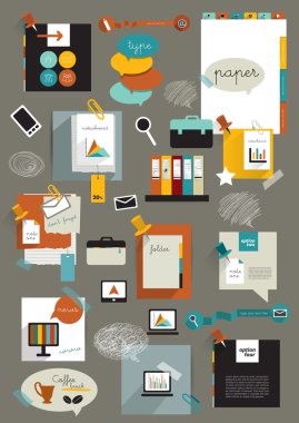 Office web düzeni çalışıyorum. renkli grafik şablonu. klasör, sticker, grafik, sekmesi, veri, kabarcıklar küme. vektör arka plan.