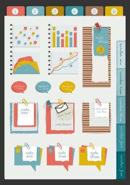Office web düzeni çalışıyorum. renkli grafik şablonu. klasör, sticker, grafik, sekmesi, veri, kabarcıklar küme. vektör arka plan.