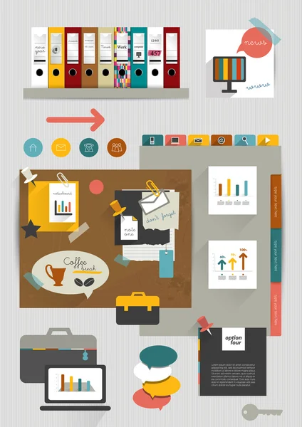 工作办公室 web 版式视图。多彩的图形模板。文件夹、 贴纸、 图形、 选项卡、 数据、 泡沫套。矢量背景. — 图库矢量图片