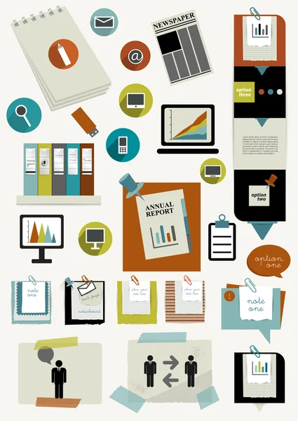 Work office web layout. Colorful graphic template. Folder, sticker, graph, tab, data, bubbles set. Vector background. — Stock Vector