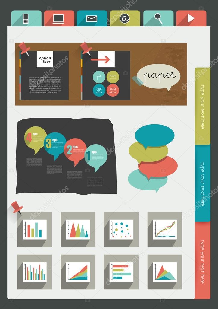 Work office web layout. Colorful graphic template. Folder, sticker, graph, tab, data, bubbles set. Vector background.