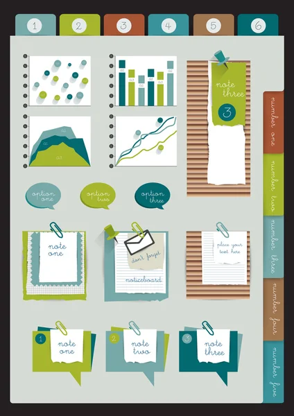 Σύνολο infographic συλλογή. χρώμα ιστοσελίδα ή blog στοιχεία, φάκελο, αυτοκόλλητα χαρτί χρώμα, χαρτόνι, μηνύματα κειμένου, γραφήματα και ανακοινώσεις. — Διανυσματικό Αρχείο