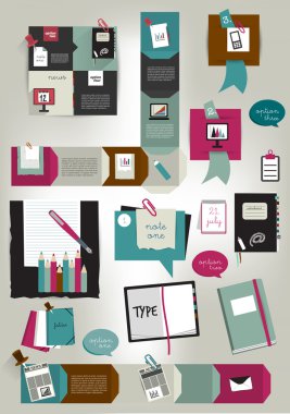 Office web düzeni çalışıyorum. renkli grafik şablonu. klasör, sticker, grafik, sekmesi, veri, kara tahta, kabarcıklar küme. vektör arka plan.