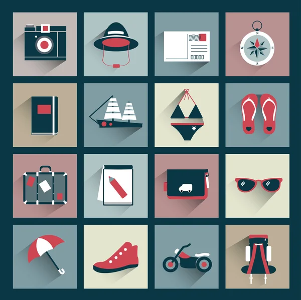 Retro viajero colección icono plano. Signo vectorial . — Archivo Imágenes Vectoriales