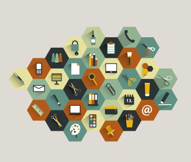 modern renkli düz Icon Koleksiyonu. iş ofis veya okulda şekiller kümesi.