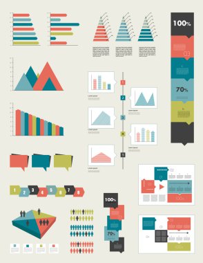 Flat infographic collection of charts, graphs, speech bubbles, schemes, diagrams. Trend color set. Rectangle design. clipart