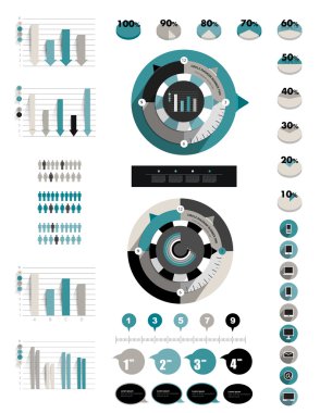Infographic flat collection of charts, diagrams, schemes, circle modules, speech bubbles, graphs.