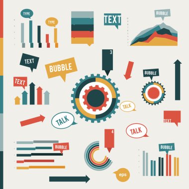 düz Infographic öğeleri koleksiyonu. grafikler, konuşma balonları, cog wheel diyagramları ve oklar. baskı veya web sayfası için vektör tasarım şablonu.