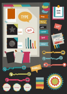 Office web düzeni çalışıyorum. renkli grafik düz şablonu. klasör, sticker, grafik, sekmesi, veri, simgeler, şekilleri, kurdeleler, oklar, kabarcıklar set. vektör arka plan.