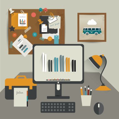 Ofis Masası iş. düz tasarım vektör çizim. bilgisayar, klasör, oyuncaklar, lamba masa. Modern sadece resimde. iş Duraklat kavramı.