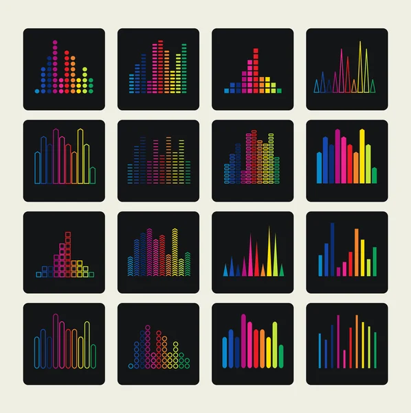 Colección de icono de ecualizador plano. Onda de sonido, formas musicales . — Vector de stock