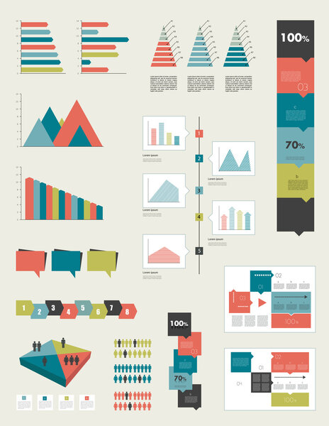 Flat infographic collection of charts, graphs, speech bubbles, schemes, diagrams. Trend color set. Rectangle design.