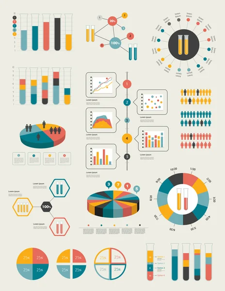 Flache Sammlung von Diagrammen, Grafiken, Sprechblasen, Schemata, Diagrammen. Trendfarbe gesetzt. Chemie, Flaschenkonzept. — Stockvektor