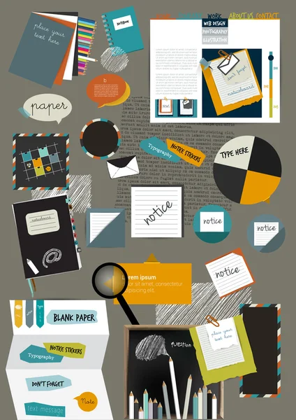 Web design portfolio elements. Collection of color stickers, speech bubbles, text message, icons, hand drawn shapes. Info graphic components for print or web. — Stock Vector