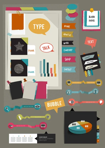 Office web düzeni çalışıyorum. renkli grafik şablonu. klasör, sticker, grafik, sekmesi, veri, kabarcıklar küme. vektör arka plan.