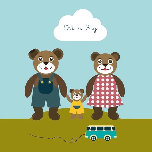 Baby jongen geboren kaart. Nieuwe born welkom concept. kinderen vector achtergrond. Teddy bear concept. — Stockvector