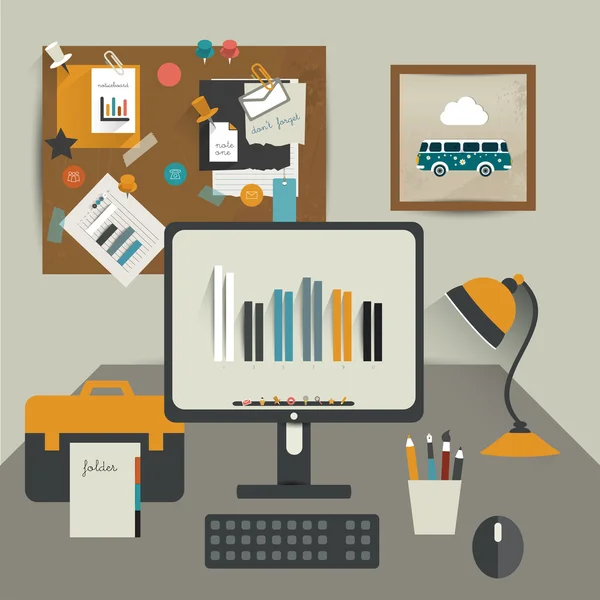 仕事のオフィスのテーブル。フラットなデザイン ベクトル イラスト。コンピューター、フォルダー、掲示板、ランプとテーブル。現代的な図は単に。仕事の一時停止の概念. — ストックベクタ
