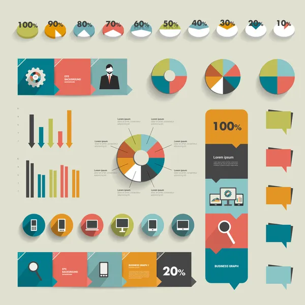 Colección de elementos planos de infografía. Colorido conjunto de burbujas de habla, pegatinas, iconos, banderas, diagramas de círculo de pastel — Vector de stock