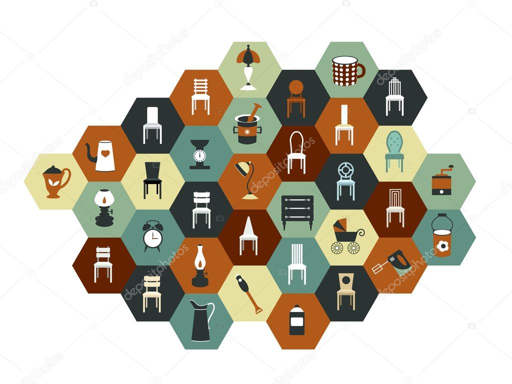 Collection of hexagonal flat icon. Various chairs, lamps and kitchen instruments.