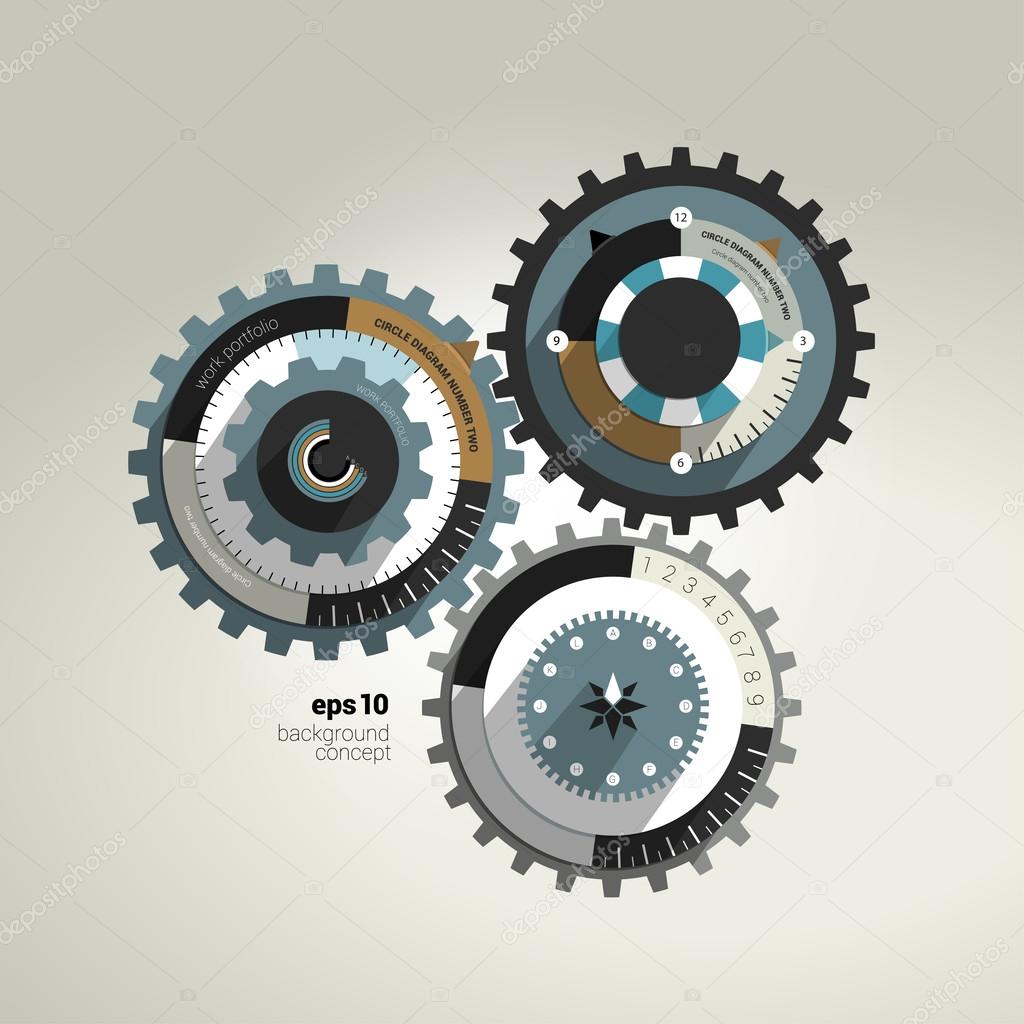 Exclusive circle flat infographic diagram. Business cog wheel template concept for brochure, catalog, portfolio, blog, annual report, cover, web page, print media. Vector background illustration.
