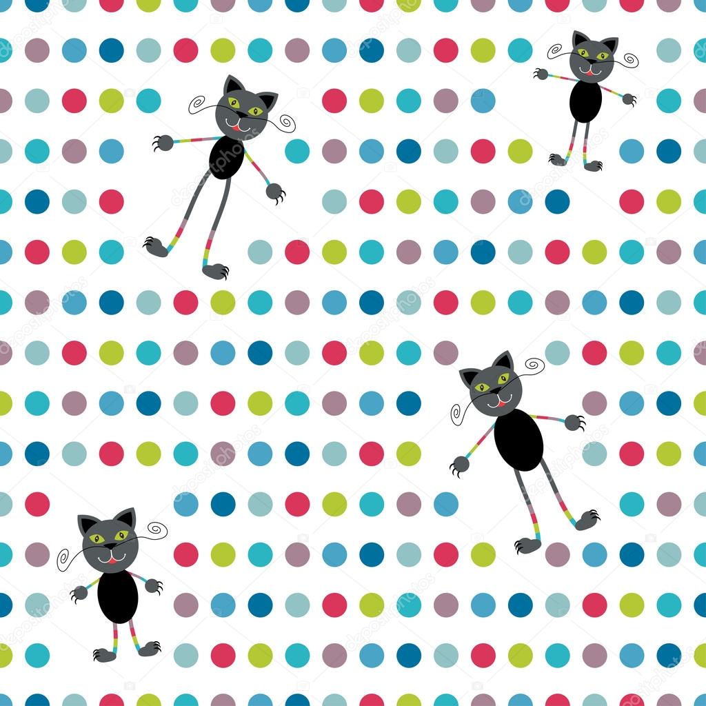 Simply flat polka  dot pattern with cat element. Colorful design wall paper.