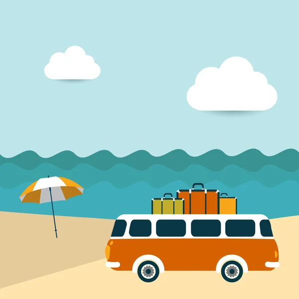 Summer illustrated background. Ocean scenery with retro bus. — Stock Vector