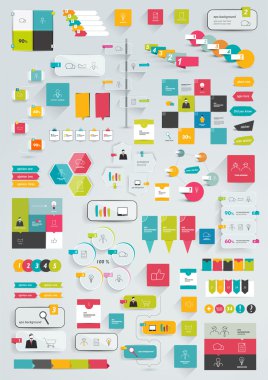 koleksiyonları infographics düz tasarım şablonu. çeşitli renk düzenleri, kutular, konuşma balonları, grafikler. vektör çizim.