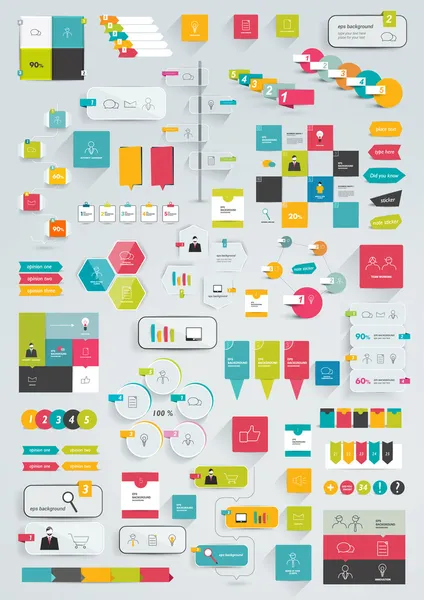 koleksiyonları infographics düz tasarım şablonu. çeşitli renk düzenleri, kutular, konuşma balonları, grafikler. vektör çizim.