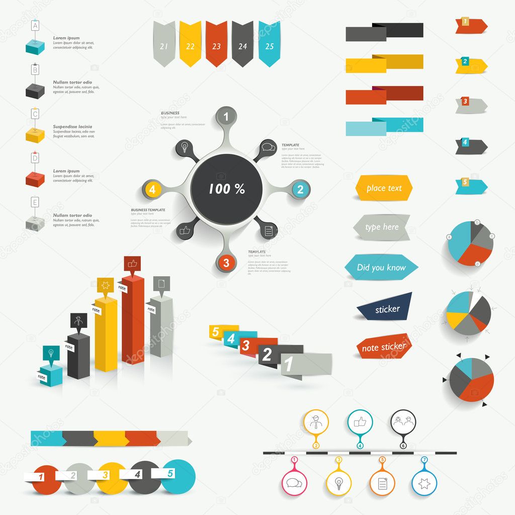 Set of infographic elements. Diagrams, speech bubbles, graphs, pie circle charts and icons. Vector shapes.