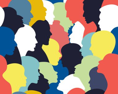 İnsanlar kafa profili çıkarır. Bir sürü farklı insanın kafalarını gösteren kusursuz bir şablon. Vektör arkaplanı.