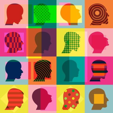 İnsanlar kafalarının kalıbını çıkarıyor. Şık insan kafaları. Vektör arkaplanı.