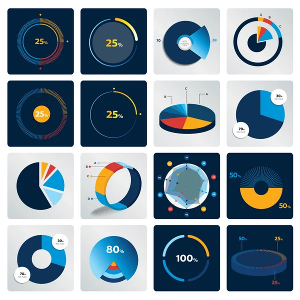 Duży Zbiór Rundy Koło Wykresu Wykres Prostu Kolor Edytowalne Infografiki — Wektor stockowy