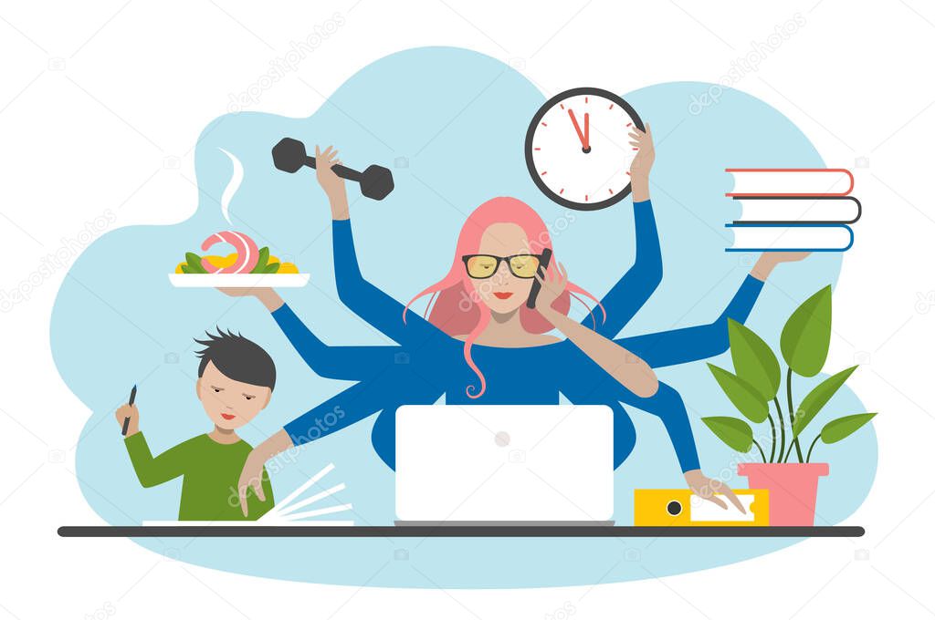 Multitask woman. Mother, businesswoman with child, working, coocking and calling. Flat vector.