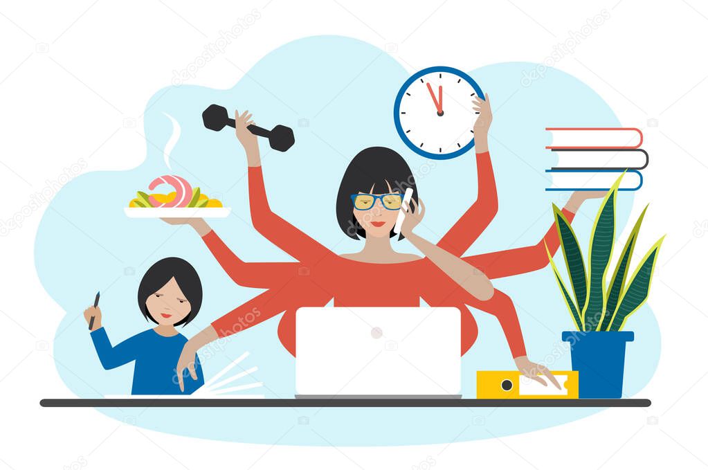 Multitask woman. Mother, businesswoman with child, working, coocking and calling. Flat vector.