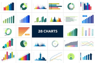 Çizelgeler, grafikler. Mega set bilgi grafikleri iş unsurları.