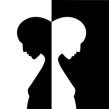 Birbirine sırt çevirmiş iki kafa. Psikoloji, nöroloji konsepti.