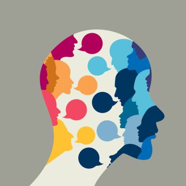 Kadın profili kafası. Baş ağrısı, şizofreni, akıl sağlığı konsepti. Vektör İllüstrasyonu.