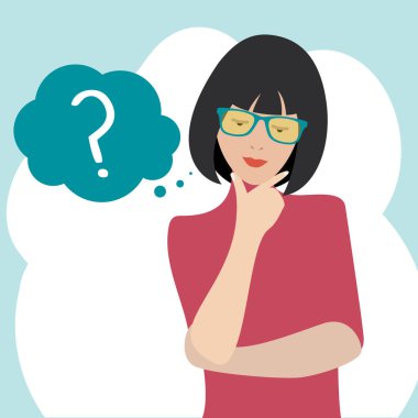 Kadın bir şey düşünüyor. Karikatür karakter, seçim, ikilem, yaşam dengesi arama. 