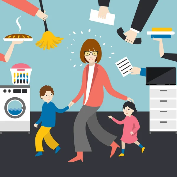 Multitask Woman Mother Businesswoman Children Working Coocking Calling — Stock Vector