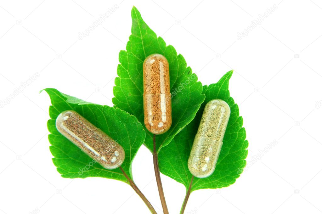 herbal capsule on sage leaf