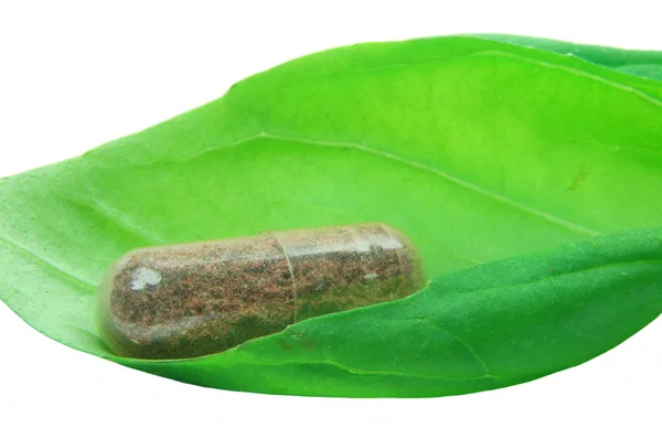 Herbal capsule in basil leaf — Stock Photo, Image