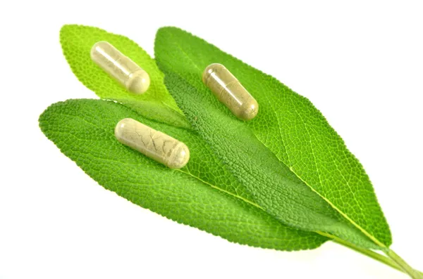 Herbal capsules on sage leaves — Stock Photo, Image