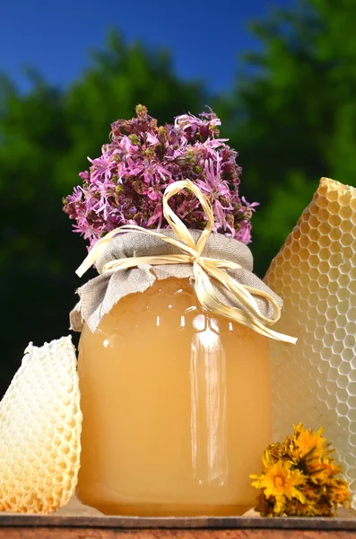 Tarro lleno de deliciosa miel fresca, trozos de panal y flores silvestres en colmenar contra el cielo azul — Foto de Stock