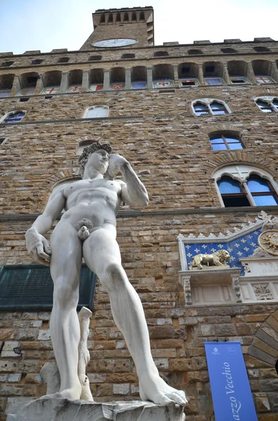 Бриллиантовая скульптура Давида работы Михеланджело на площади Пьяцца делла Фазория во Флоренции, Италия — стоковое фото