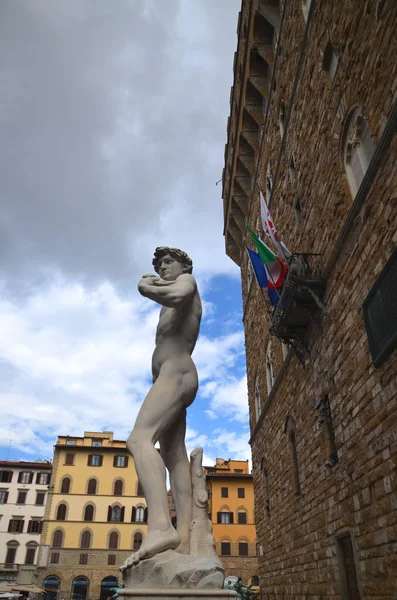 Brillante escultura de David de Miguel Ángel en la Piazza della Signoria en Florencia, Italia — Foto de Stock
