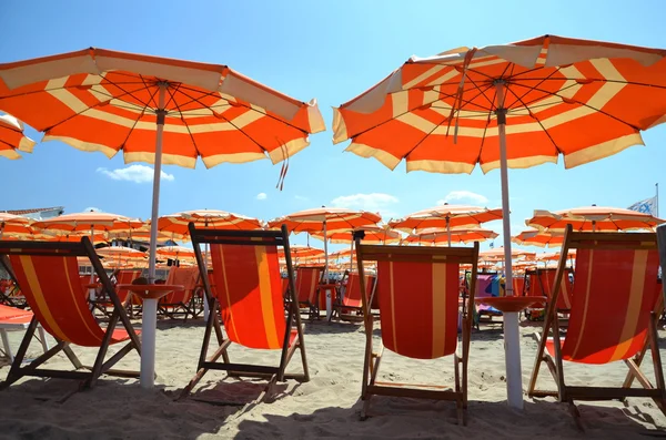 Coloridos sombrillas y sillas de playa en la hermosa playa de Marina di Pisa, Toscana en Italia —  Fotos de Stock