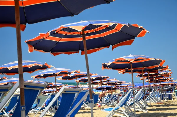 Coloridos sombrillas y sillas de playa en la hermosa playa de Marina di Pisa, Toscana en Italia —  Fotos de Stock