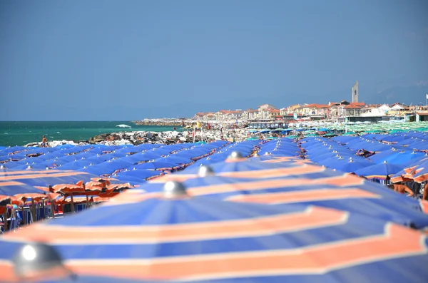 Coloridos sombrillas y sillas de playa en la hermosa playa de Marina di Pisa, Toscana en Italia —  Fotos de Stock